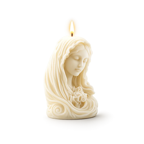 Candle shaped like a woman's face with long hair on a white background