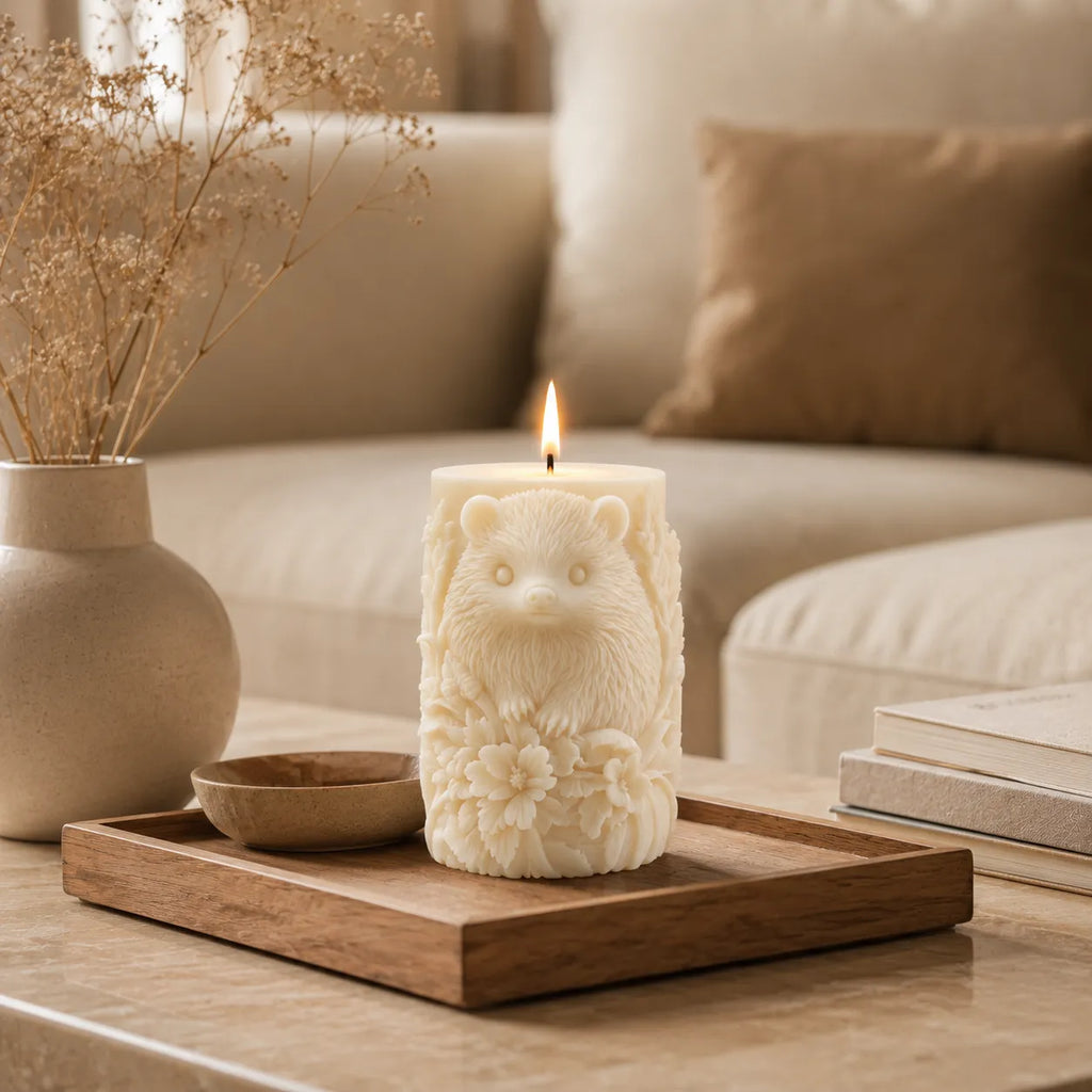 Candle shaped like a bear on a wooden tray with a blurred sofa and books in the background