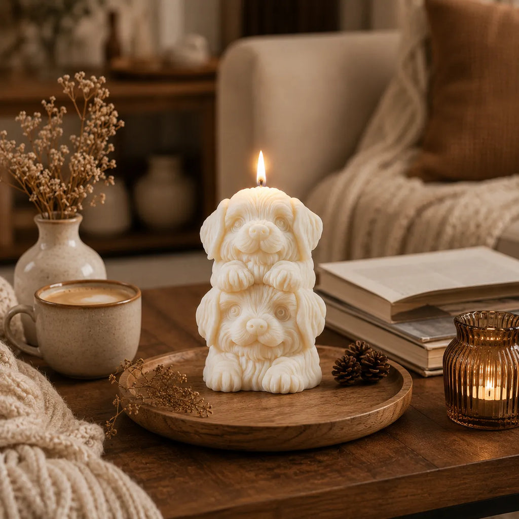 Candle shaped like a stack of puppies on a wooden table with a cup of coffee, books, and decorative elements.