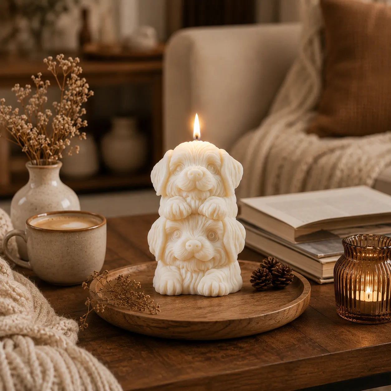 Candle shaped like a stack of puppies on a wooden table with a cup of coffee, books, and decorative elements.