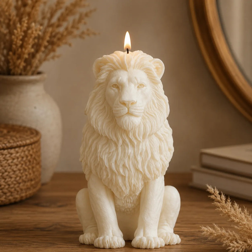 Lion-shaped candle on a wooden surface with decorative elements in the background