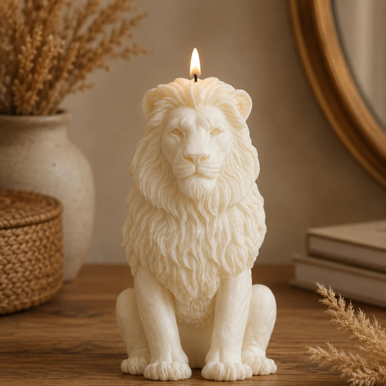Lion-shaped candle on a wooden surface with decorative elements in the background