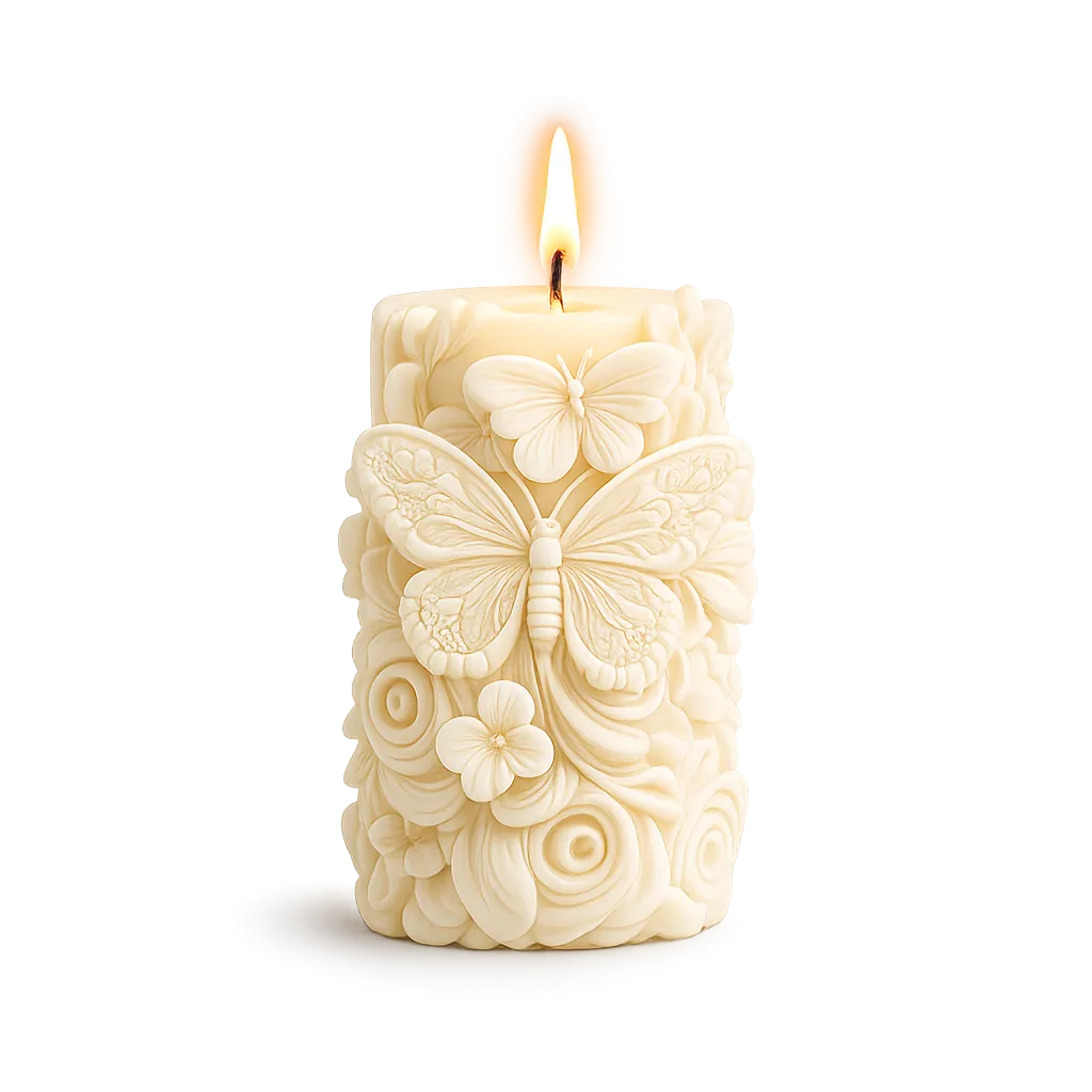 Decorative candle with butterfly and floral designs on a white background