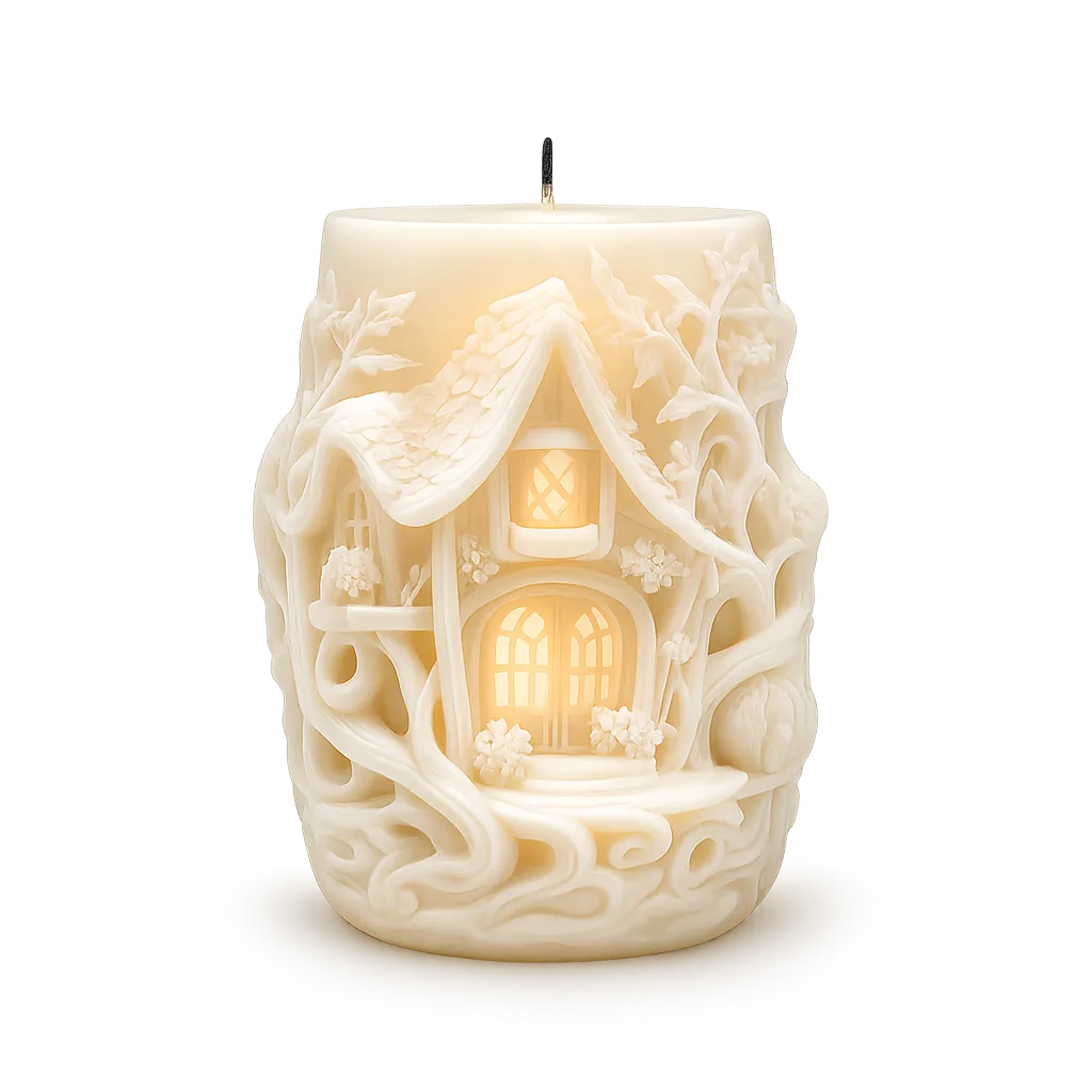 Decorative candle with intricate carvings on a white background