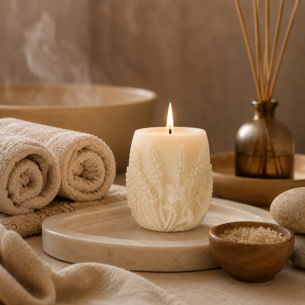 Relaxation scene with a lit candle, towels, and stones on a neutral background