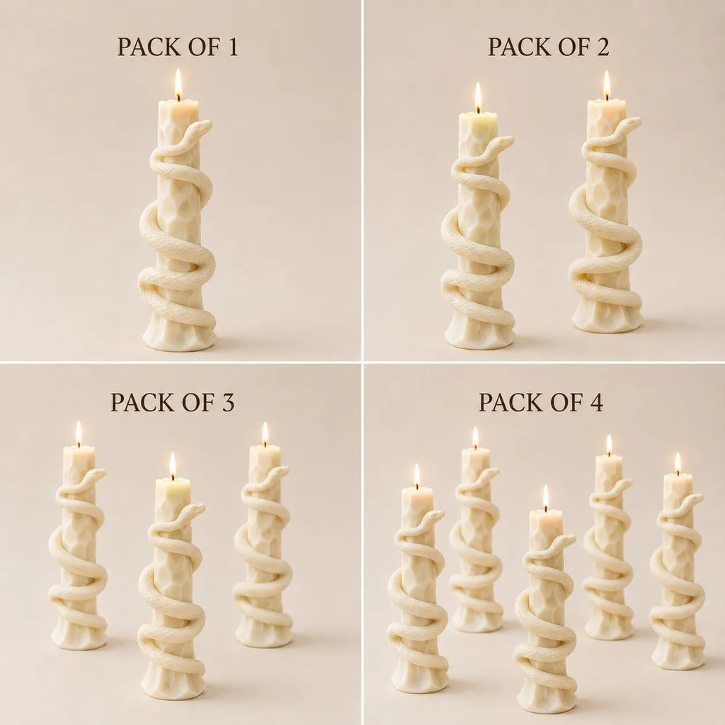 Set of twisted candles in various quantity packs on a beige background
