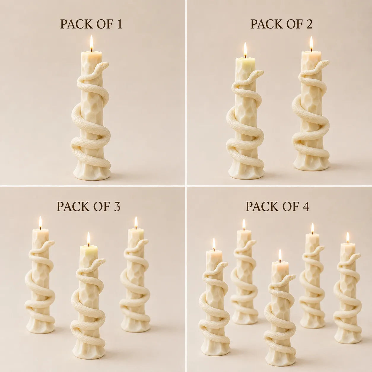 Set of twisted candles in various quantity packs on a beige background