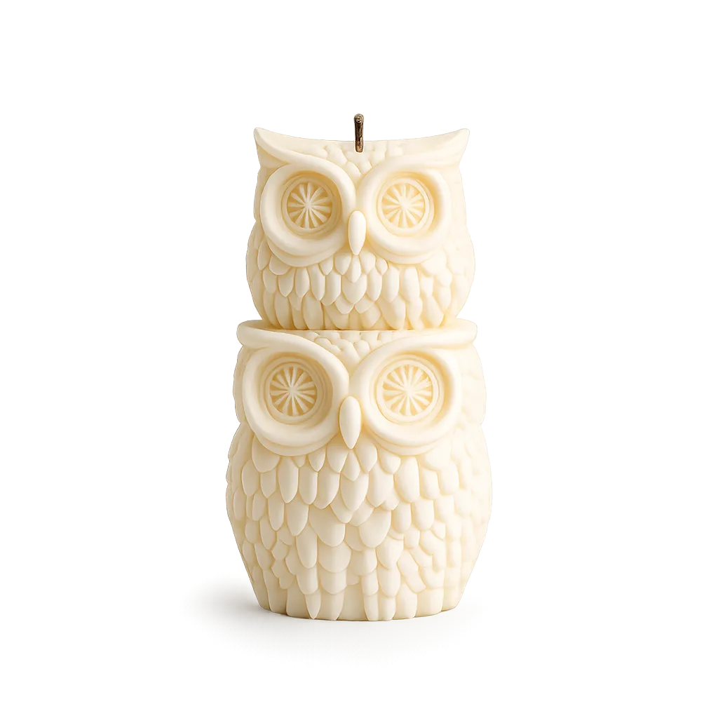 Owl-shaped candle on a white background
