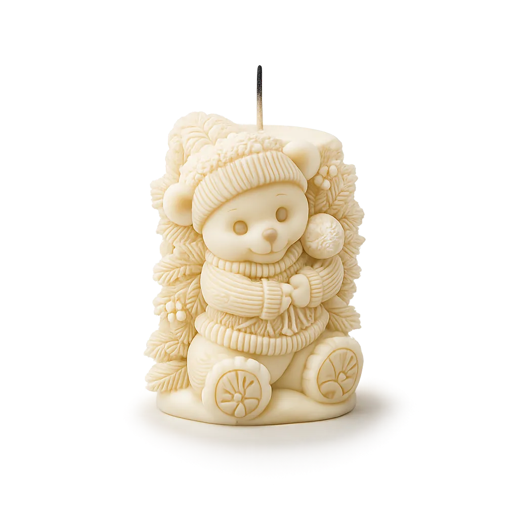 Candle shaped like a bear in winter clothing on a white background
