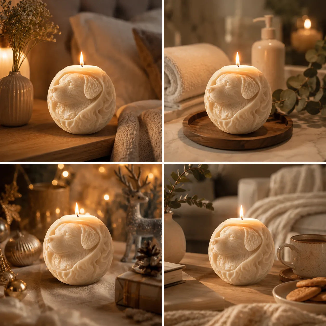 Collage of a decorative candle shaped like a dog on a wooden surface with soft lighting.