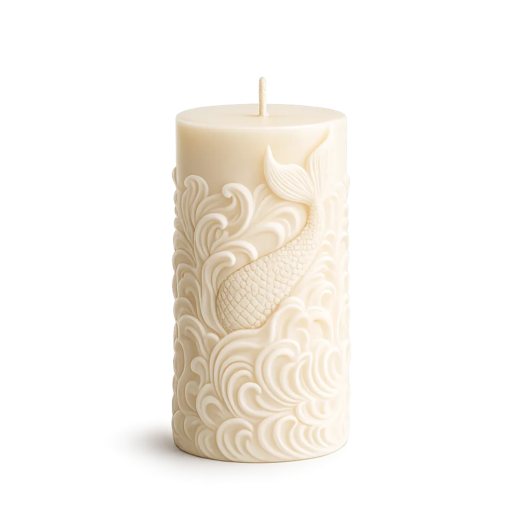 Decorative white candle with intricate patterns on a white background