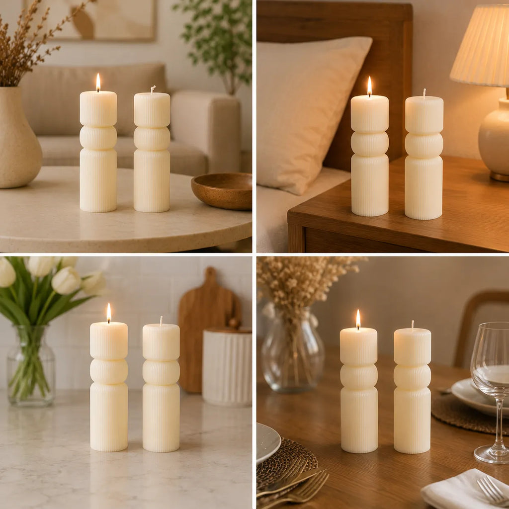 Collage of four images featuring two stacked candles on a table in various settings.