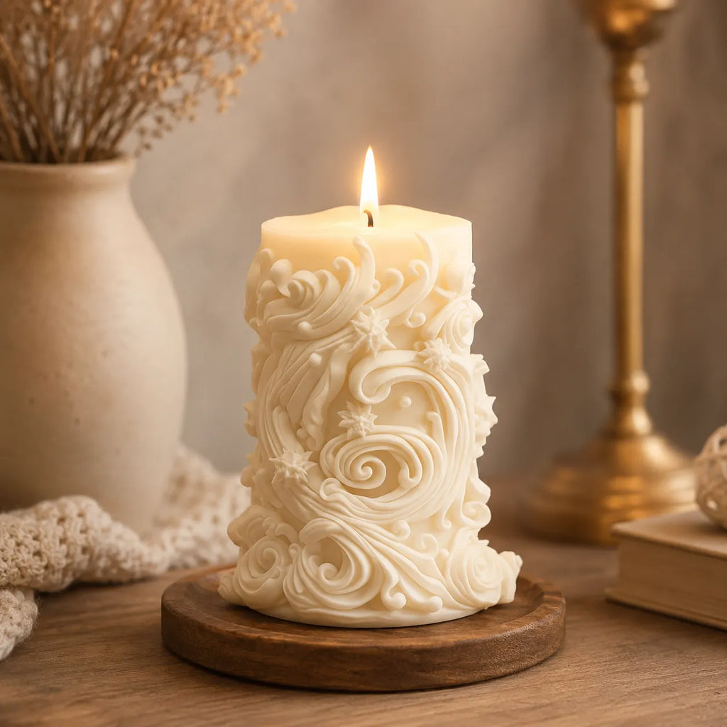 Decorative candle with intricate patterns on a wooden base, surrounded by rustic decor items.