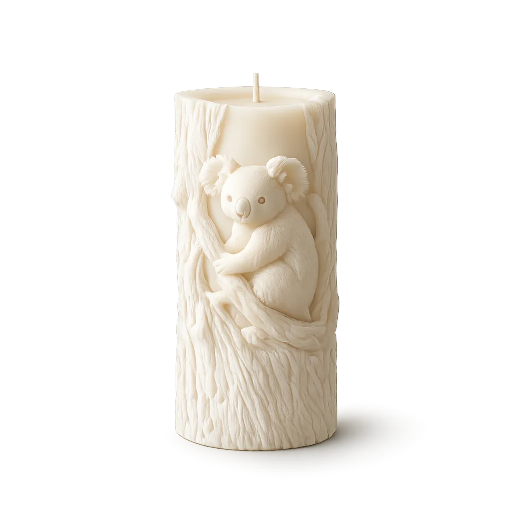 White candle with a koala design on a white background