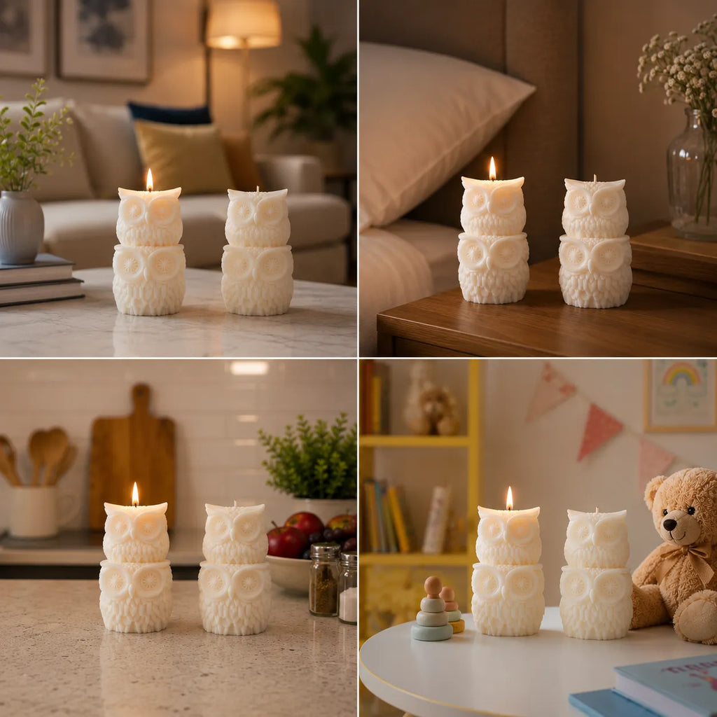 Collage of owl-shaped candles in various settings including a living room and kitchen.