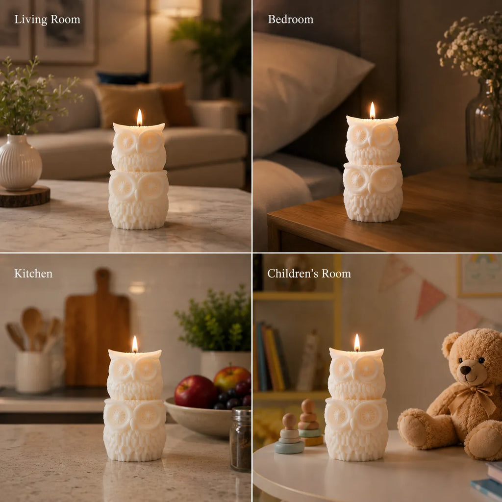 Owl-shaped candle on a marble surface with different room settings in the background.