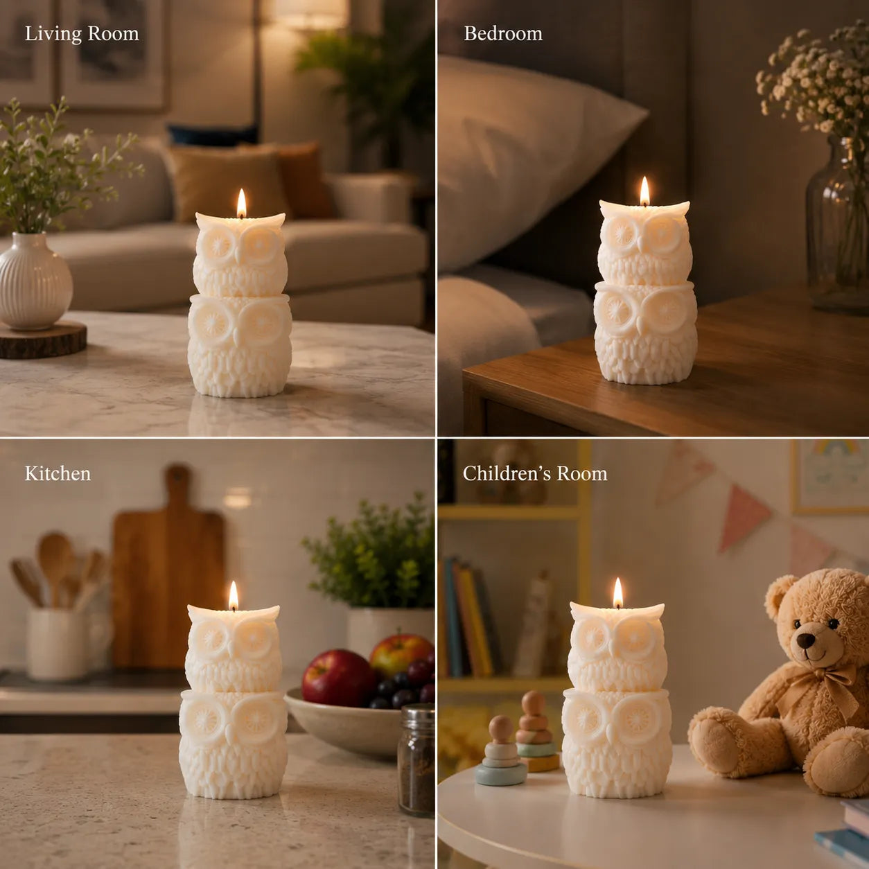 Owl-shaped candle on a marble surface with different room settings in the background.