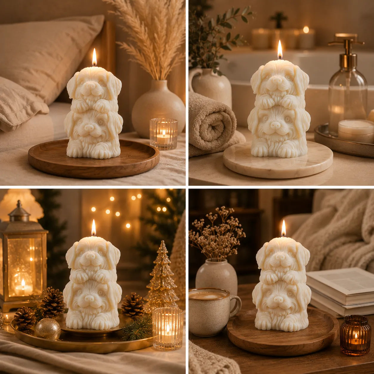 Collage of a decorative candle with animal shapes in various settings.