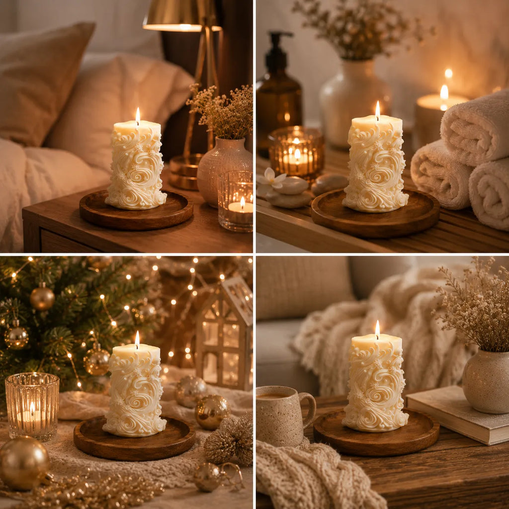 Collage of a decorative candle on a wooden tray with various settings including a bedroom, Christmas tree, and cozy living room.