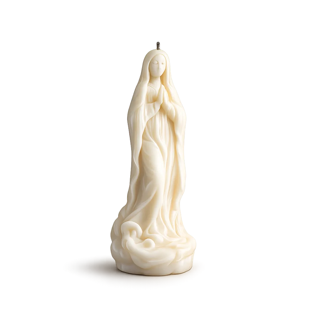 Candle shaped like a religious figure on a white background