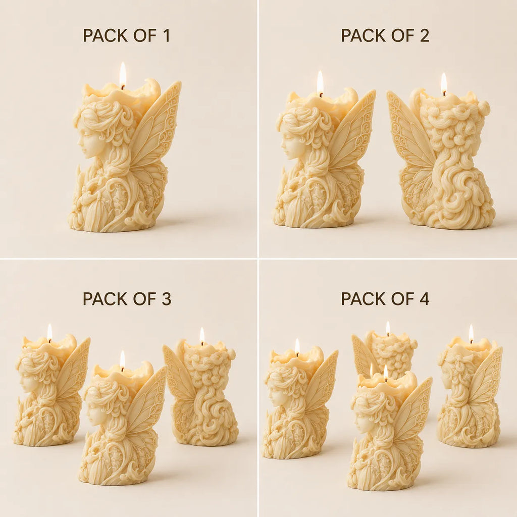 Set of fairy-shaped candles in packs of 1, 2, 3, and 4 on a neutral background.