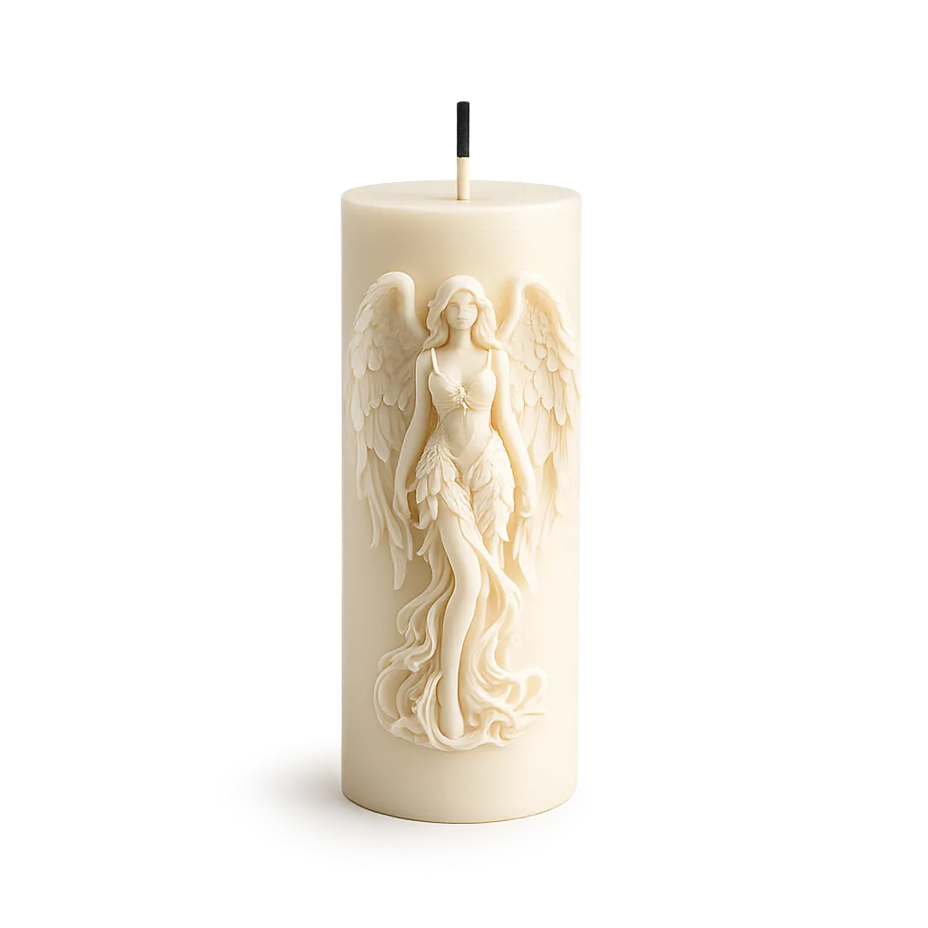 White candle with angel design on a white background