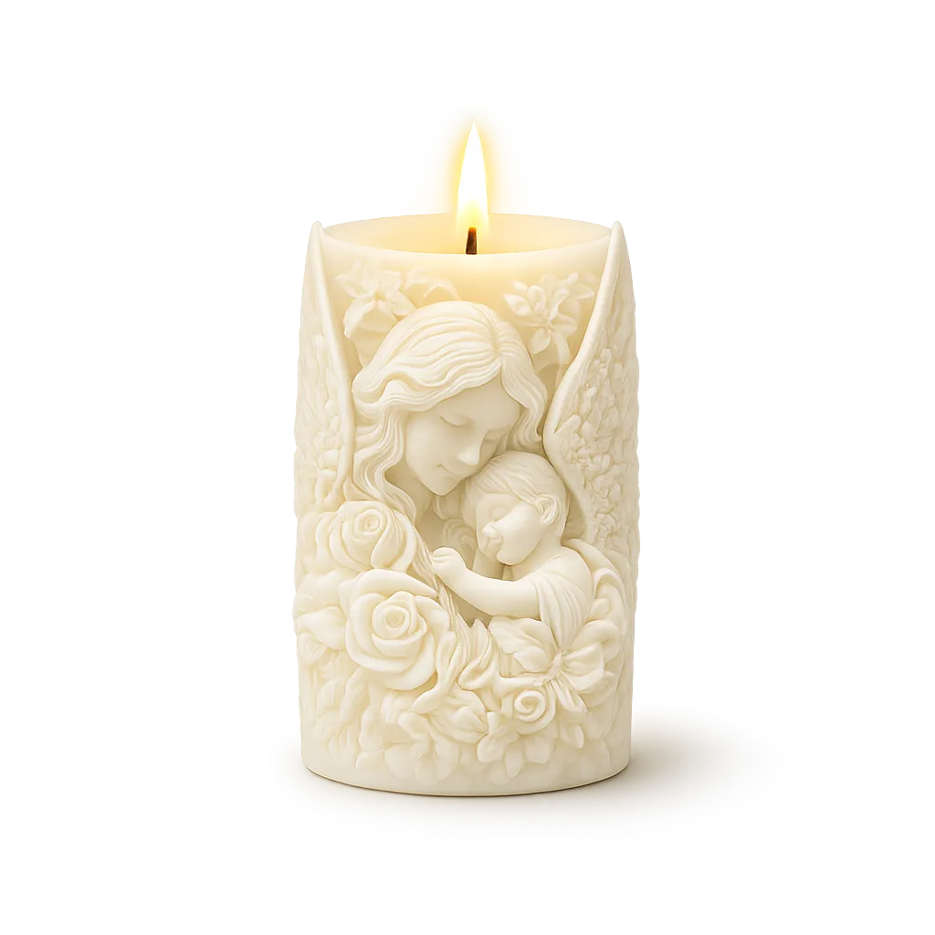 Decorative candle with angel and child design on a white background