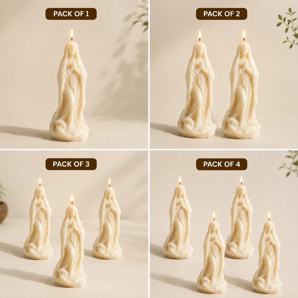 Set of four images showing different quantities of white candle figurines on a neutral background.