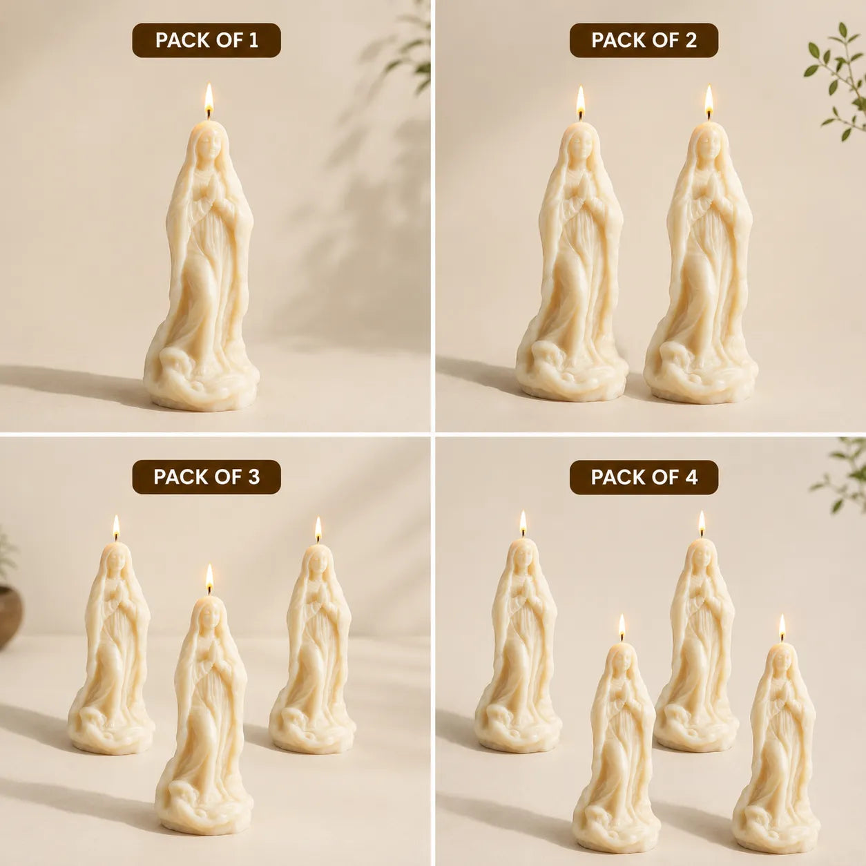 Set of four images showing different quantities of white candle figurines on a neutral background.