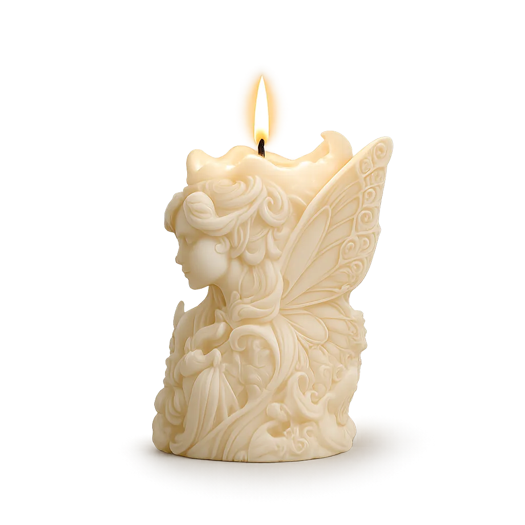 Decorative candle shaped like a fairy with butterfly wings on a white background