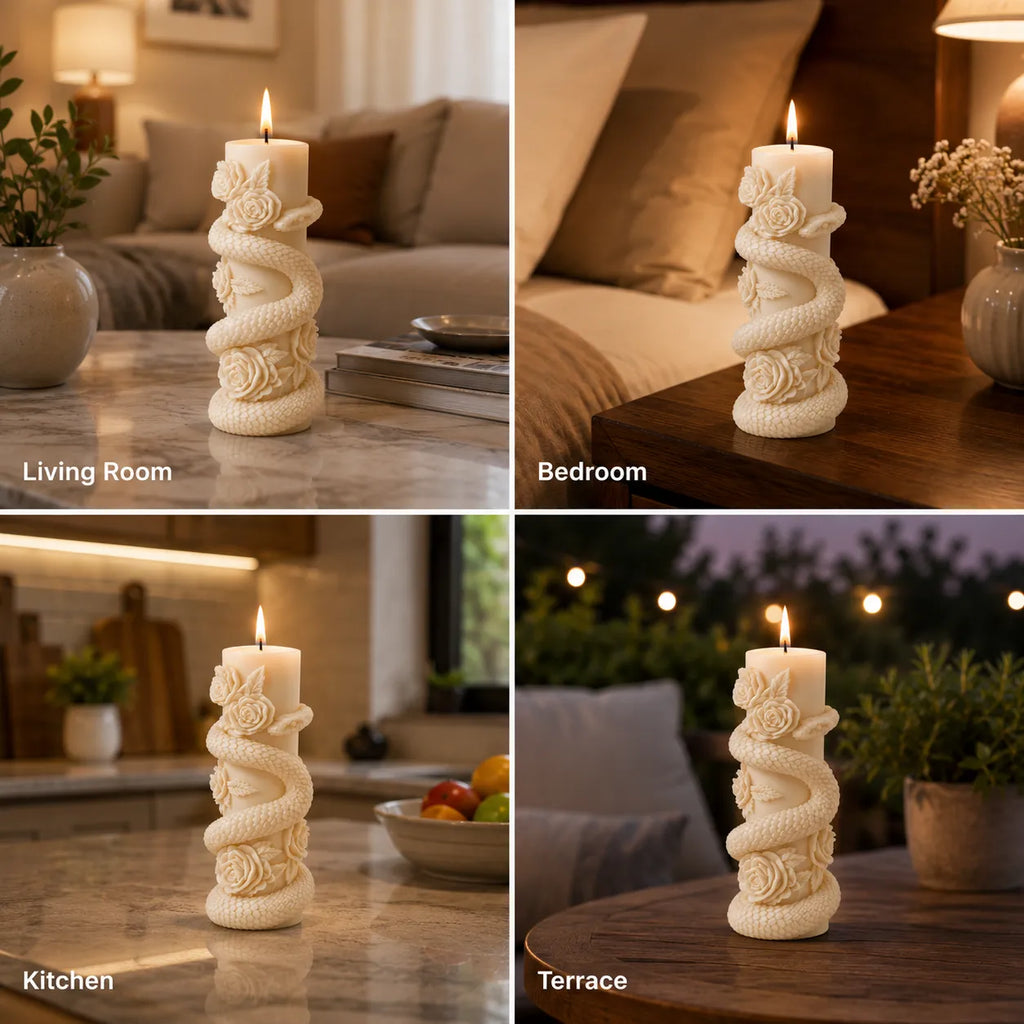 Decorative candle holder with flame in various settings including living room, bedroom, kitchen, and terrace.