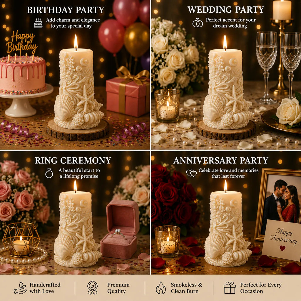 Decorative candles with various occasions text and settings.