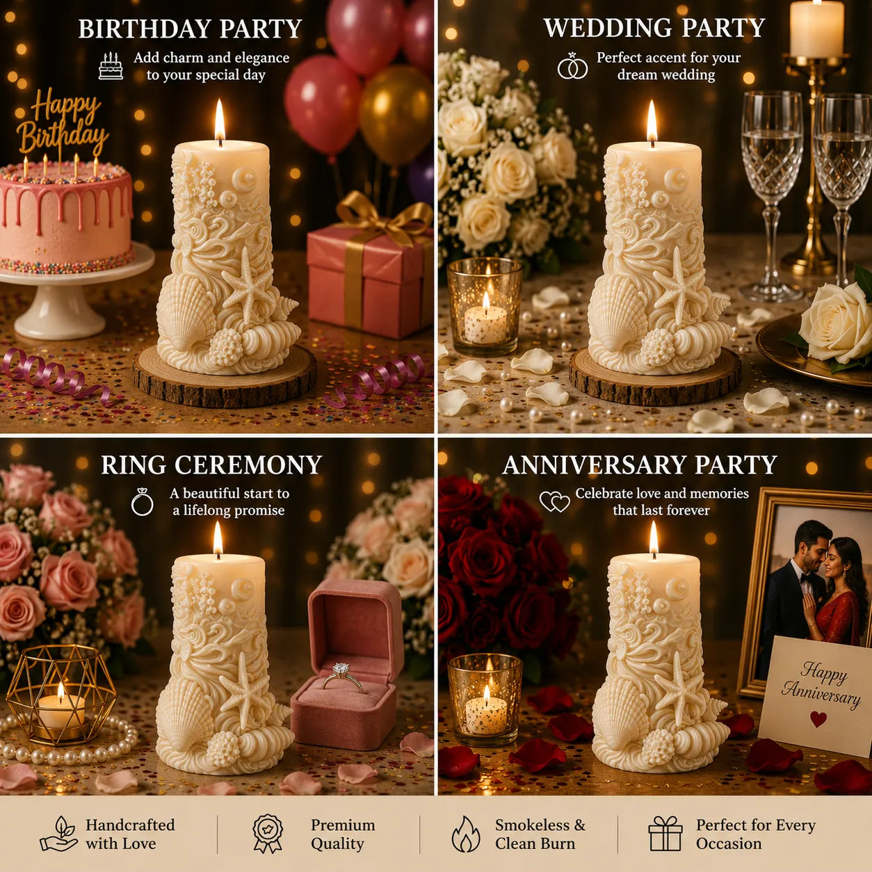 Decorative candles with various occasions text and settings.