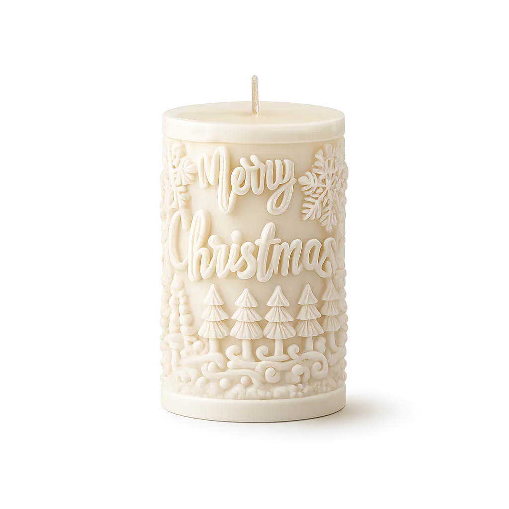 White candle with 'Merry Christmas' text and tree designs on a white background