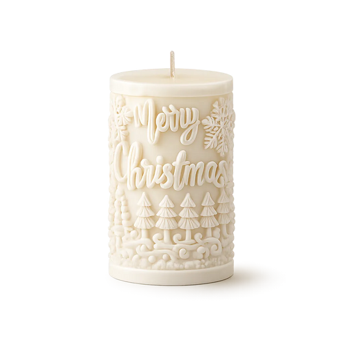 White candle with 'Merry Christmas' text and tree designs on a white background