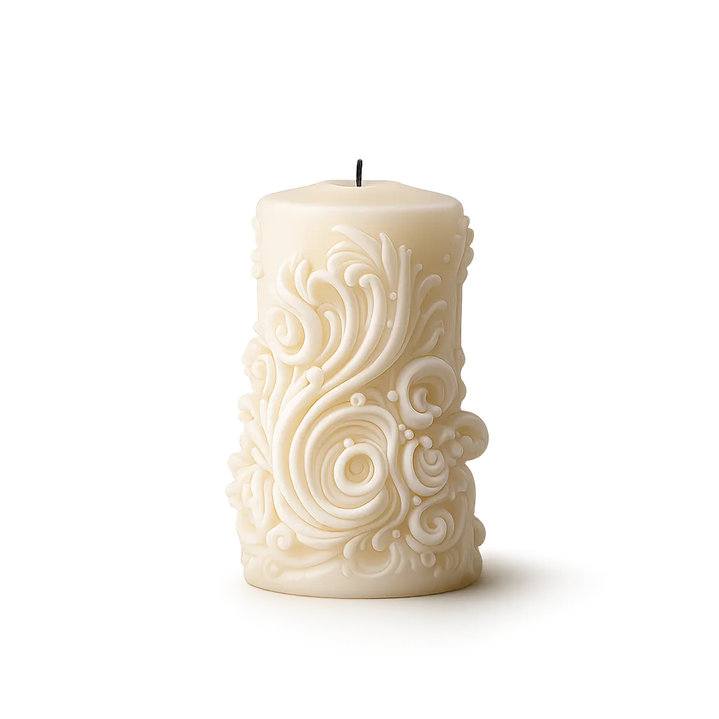Decorative white candle with intricate patterns on a white background