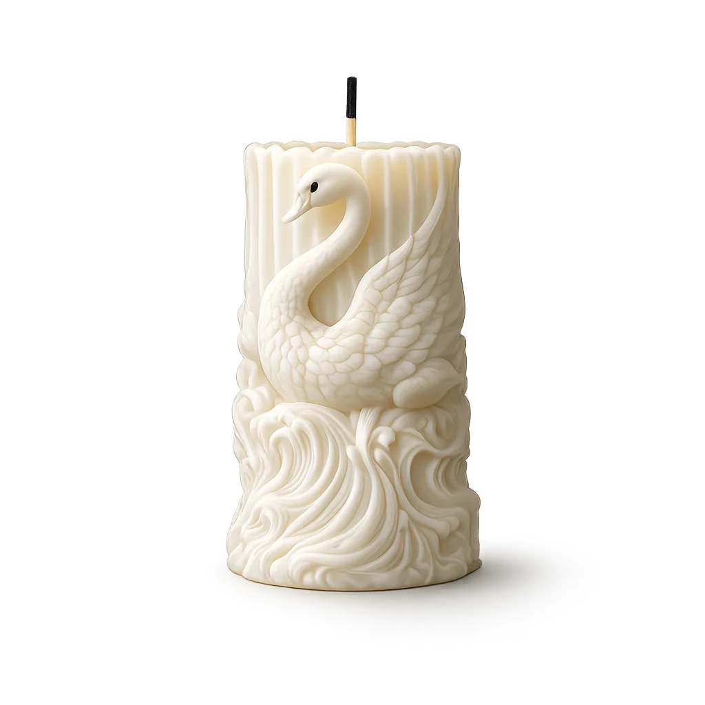 Candle with a swan design on a white background