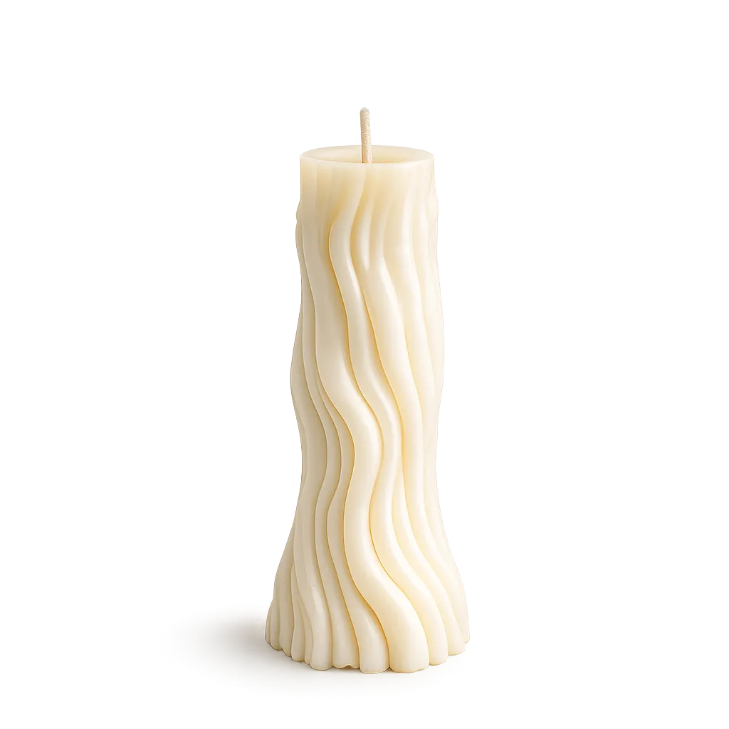 Decorative candle with wavy pattern on a white background