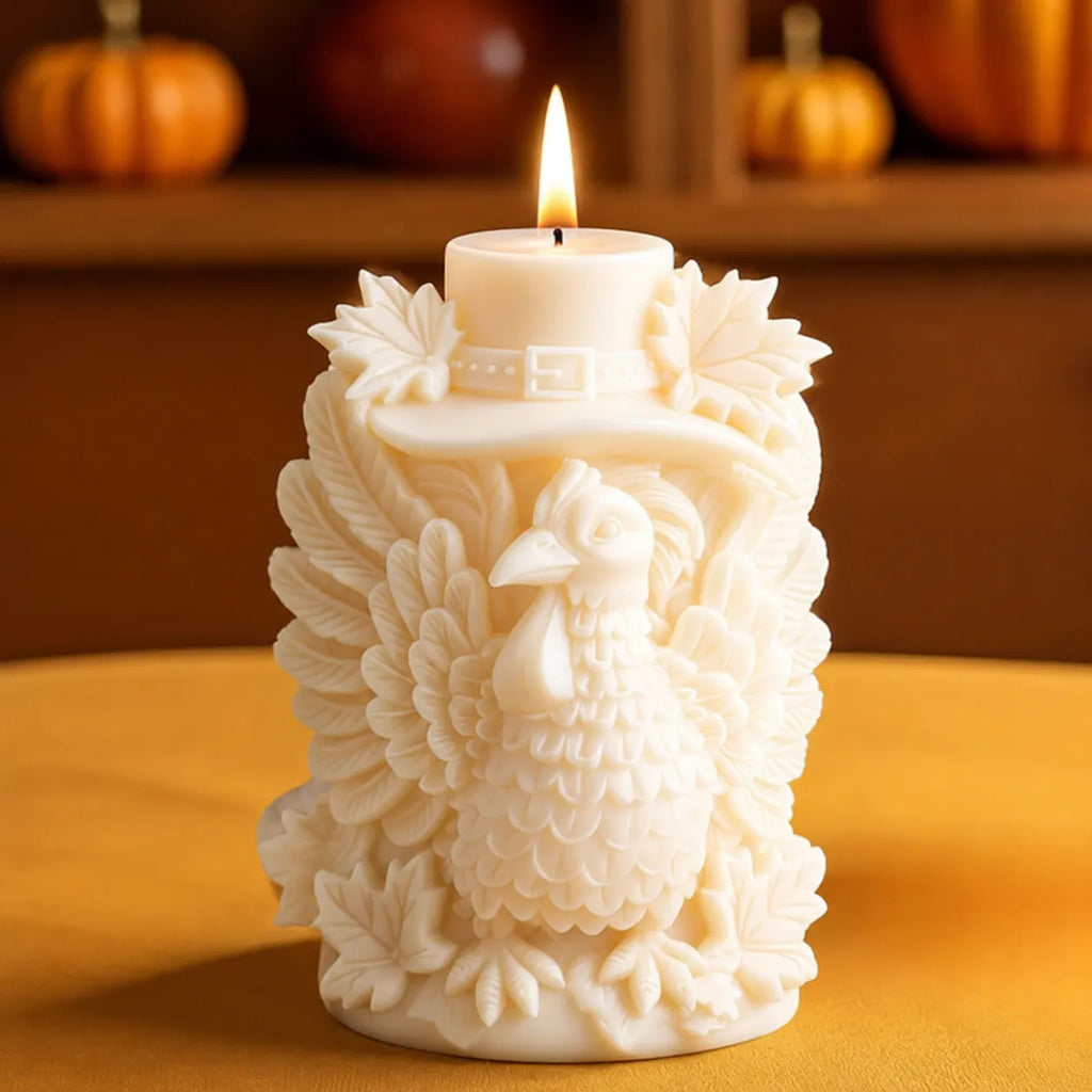 Decorative candle with rooster design on a warm background