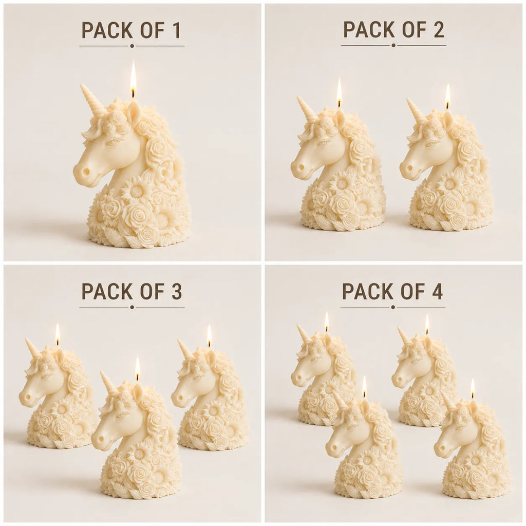 Unicorn-shaped candles in various pack sizes on a light background