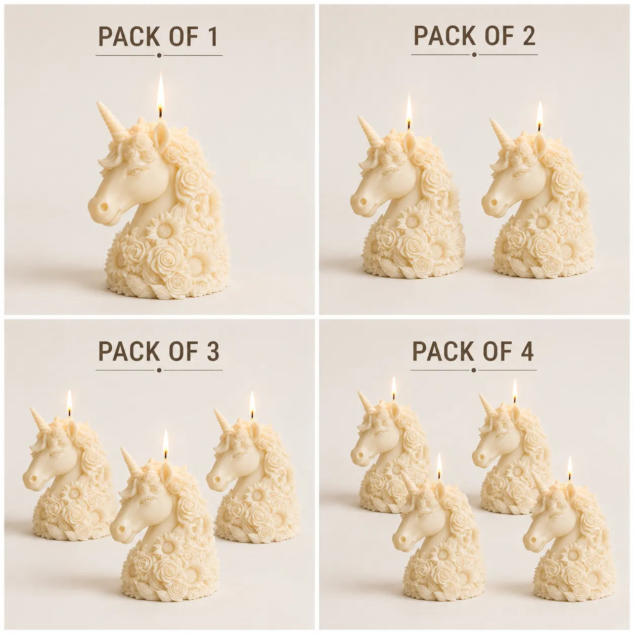 Unicorn-shaped candles in various pack sizes on a light background