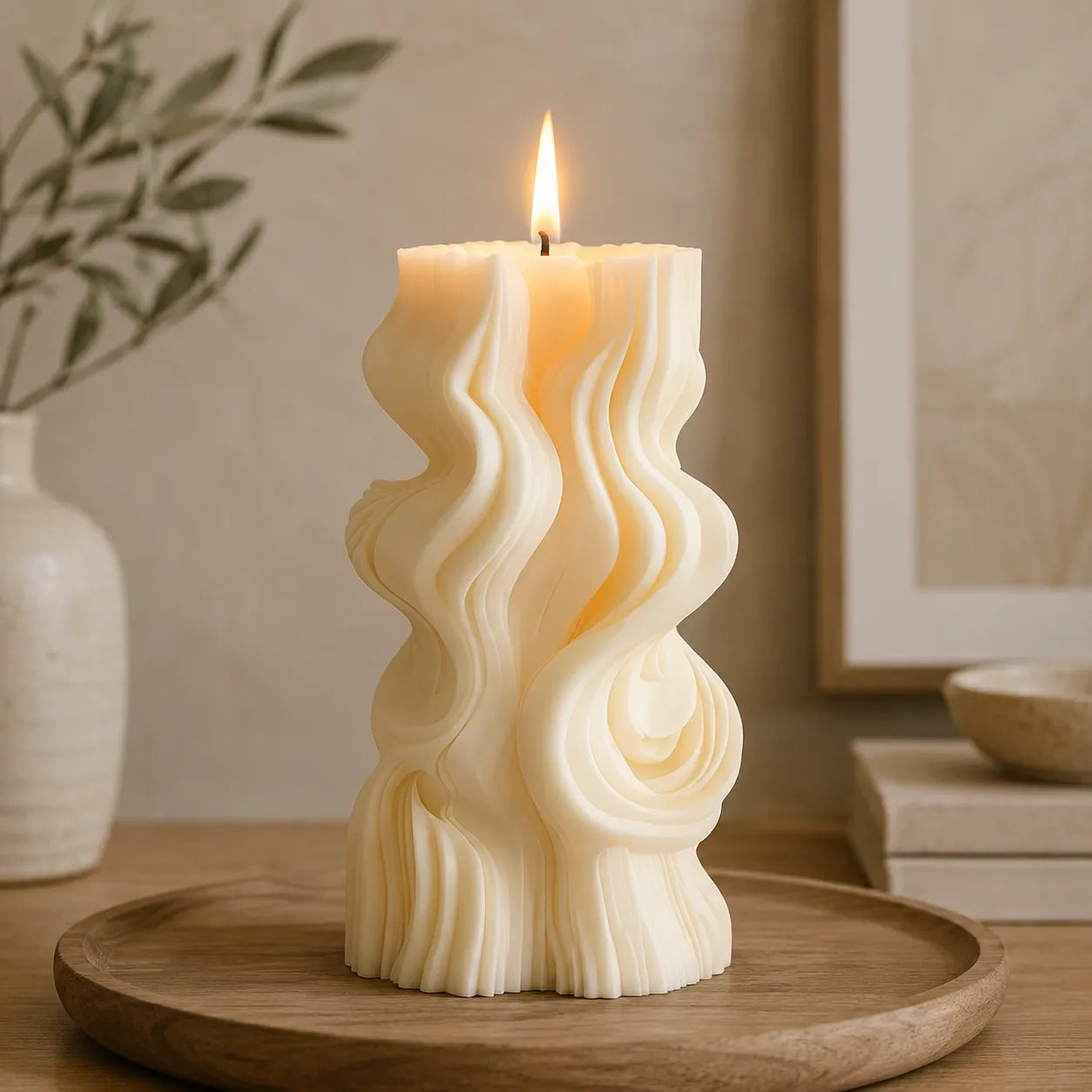 Wavy-patterned candle on a wooden tray with a neutral background