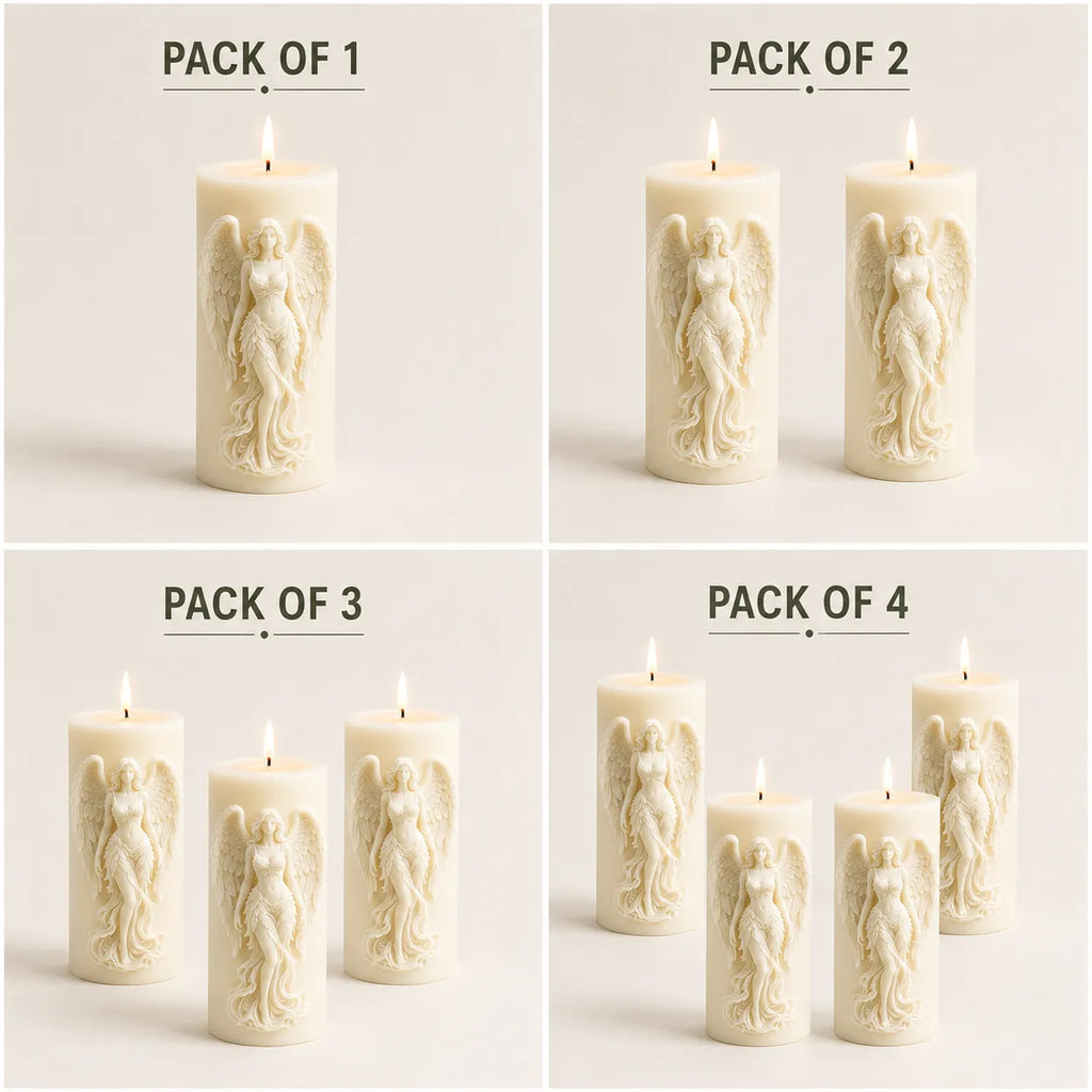 Set of candles with angel design in different quantity packs on a light background