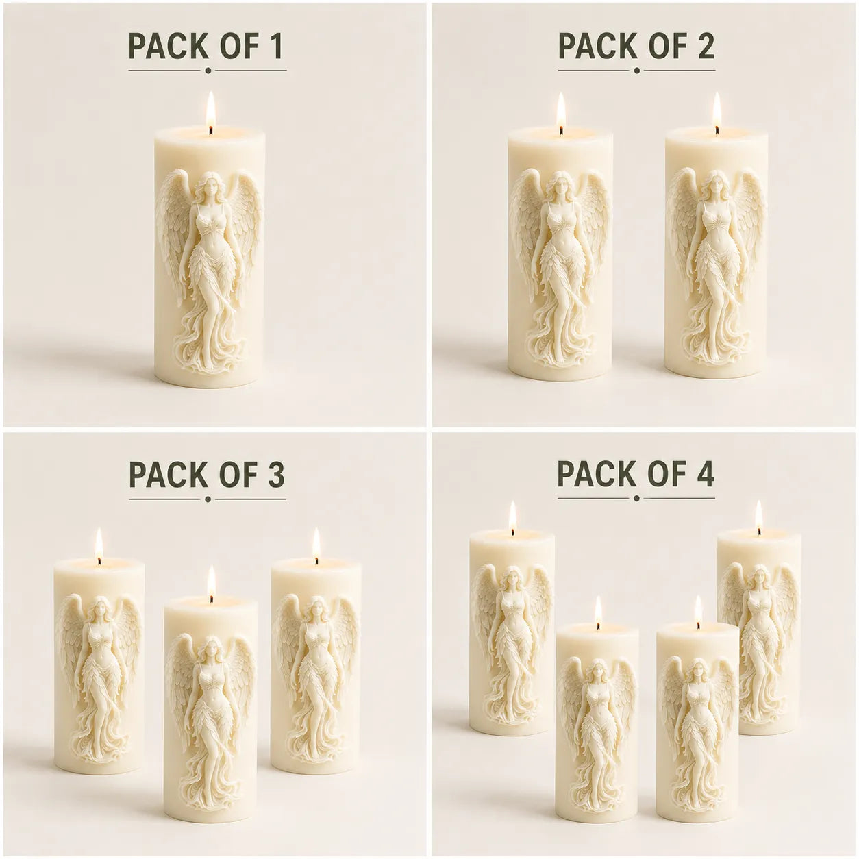 Set of candles with angel design in different quantity packs on a light background
