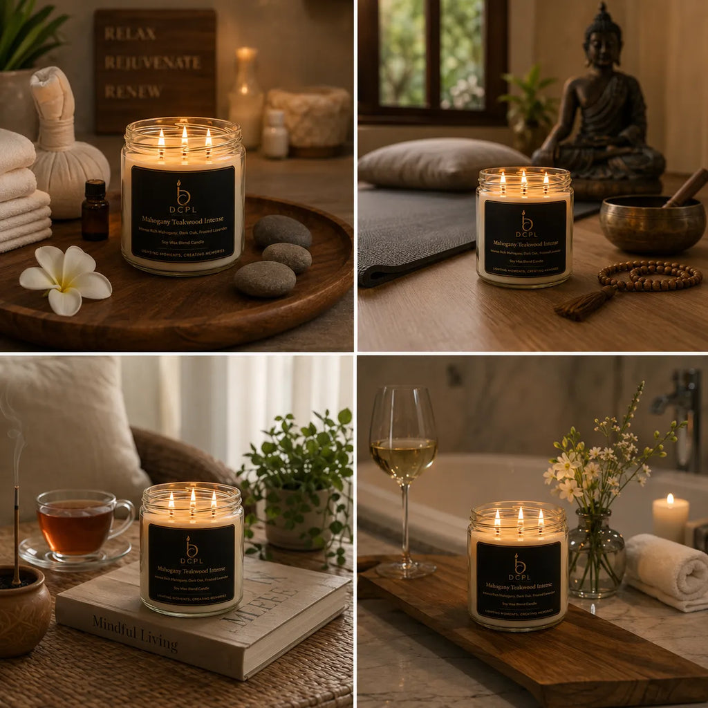 Collage of a candle labeled 'b' in various settings with relaxing elements like flowers, books, and tea.