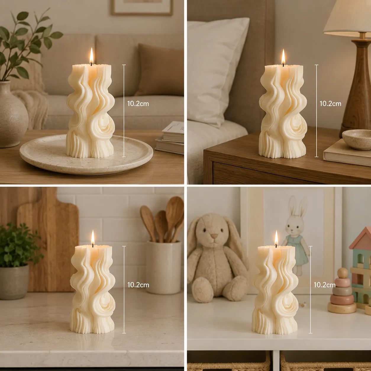 Collage of a decorative candle with measurements in various indoor settings.
