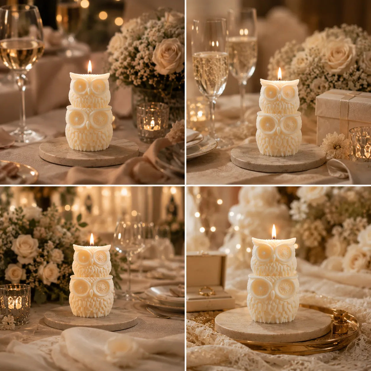 Collage of owl-shaped candles on a table with floral arrangements and glasses.