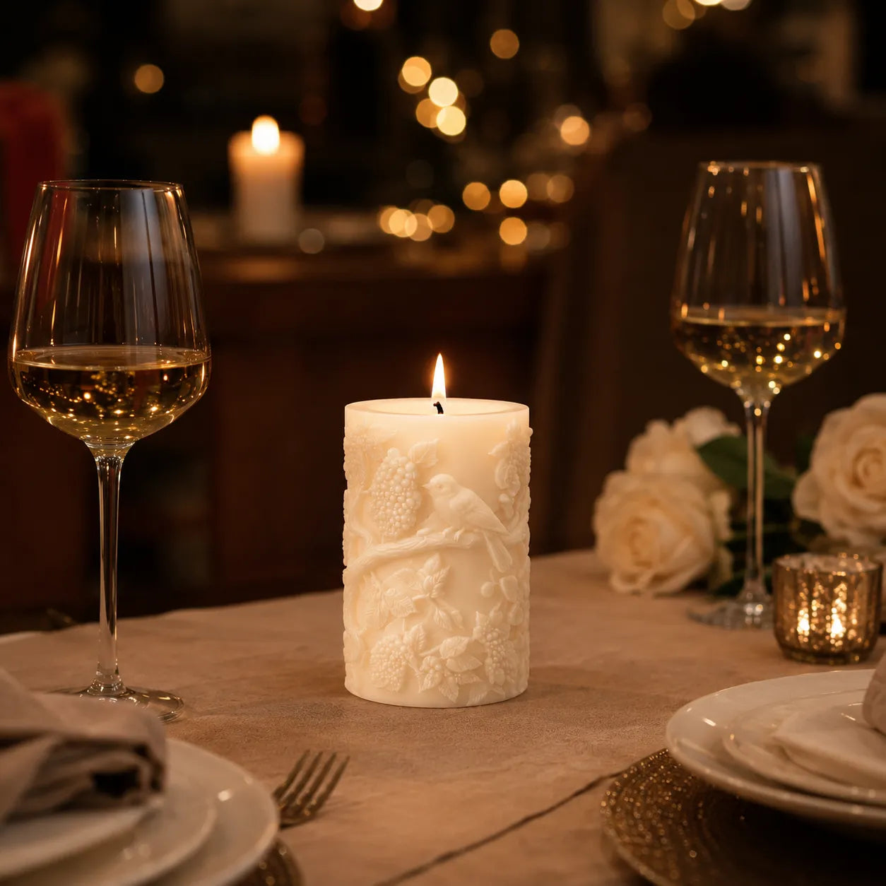 Dinner table setting with wine glasses, candle, and flowers in a warm, blurred background.