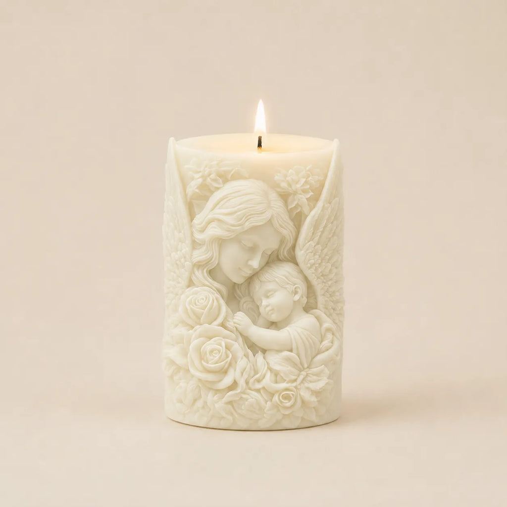 Decorative candle with an embossed design of a woman and child holding roses on a beige background.