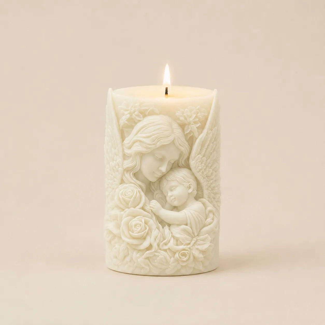 Decorative candle with an embossed design of a woman and child holding roses on a beige background.